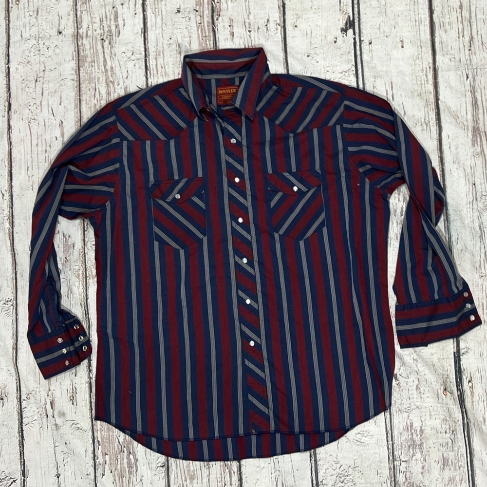 Western Mens Cowboy Striped Pearl Snap Rancher Rustler Long Sleeve Shirt